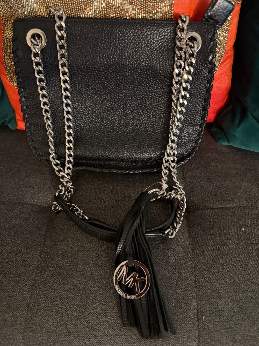 Michael Kors Black Leather Crossbody with Silver Chain and Tassel